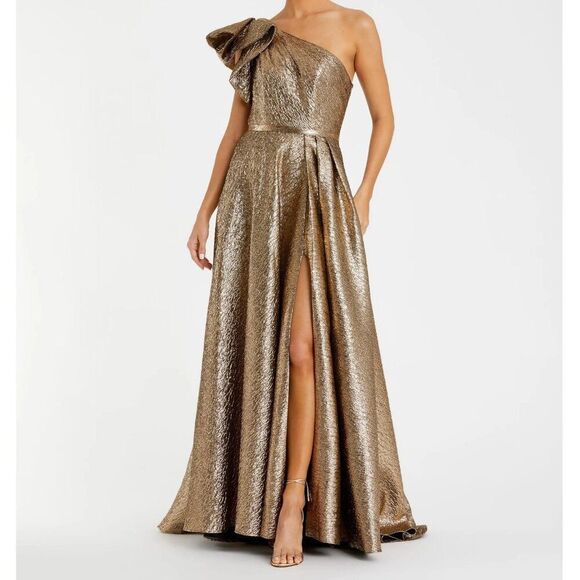 Mac Duggal 67297 Size 12 Gold Metallic Bronze Brocade Ballgown Gown Maxi Dress - Picture 3 of 5